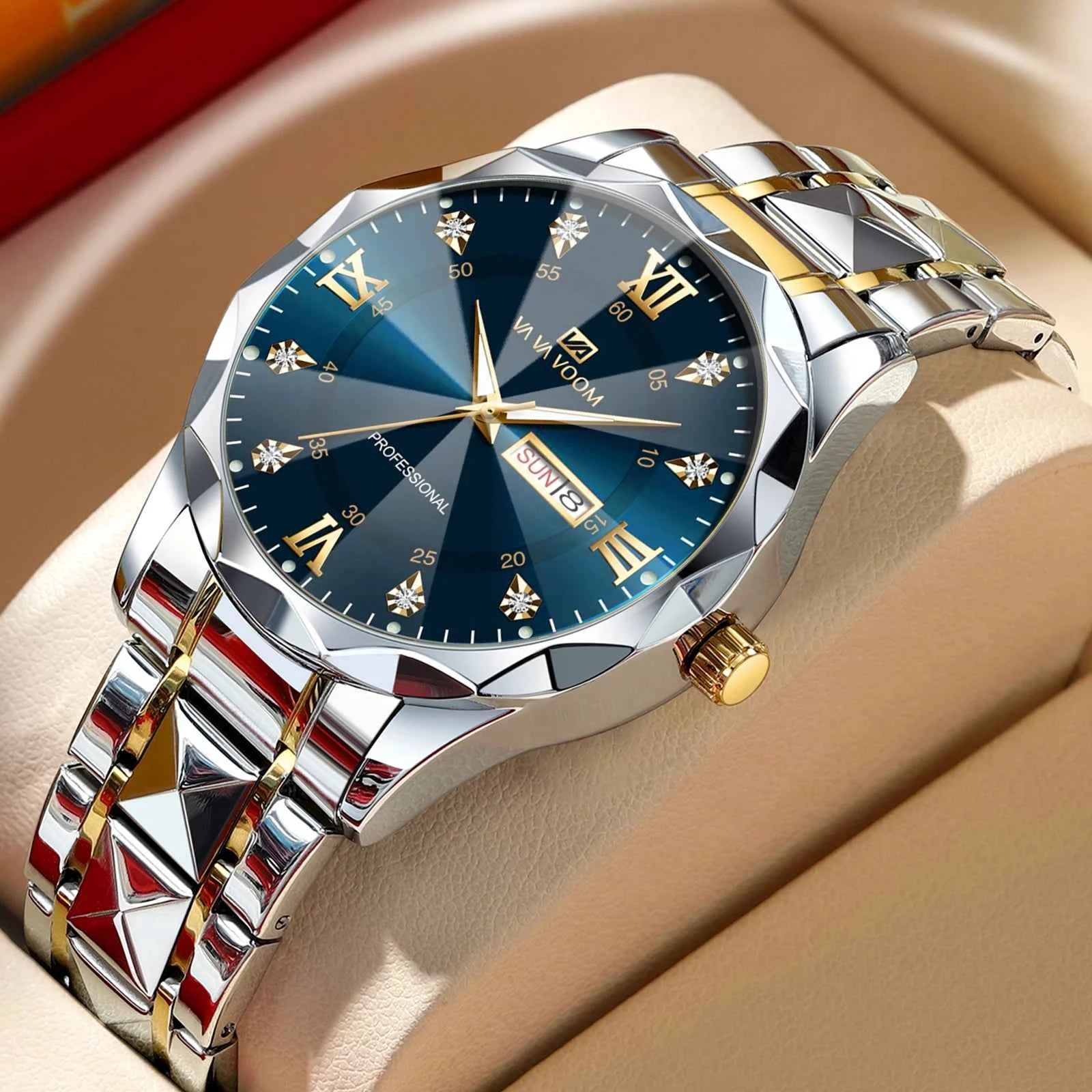 Men’s Water Diamond Luxury Quartz Watch – 41mm Blue Gold Stainless Steel, Night Glow, Double Calendar, Business Watch